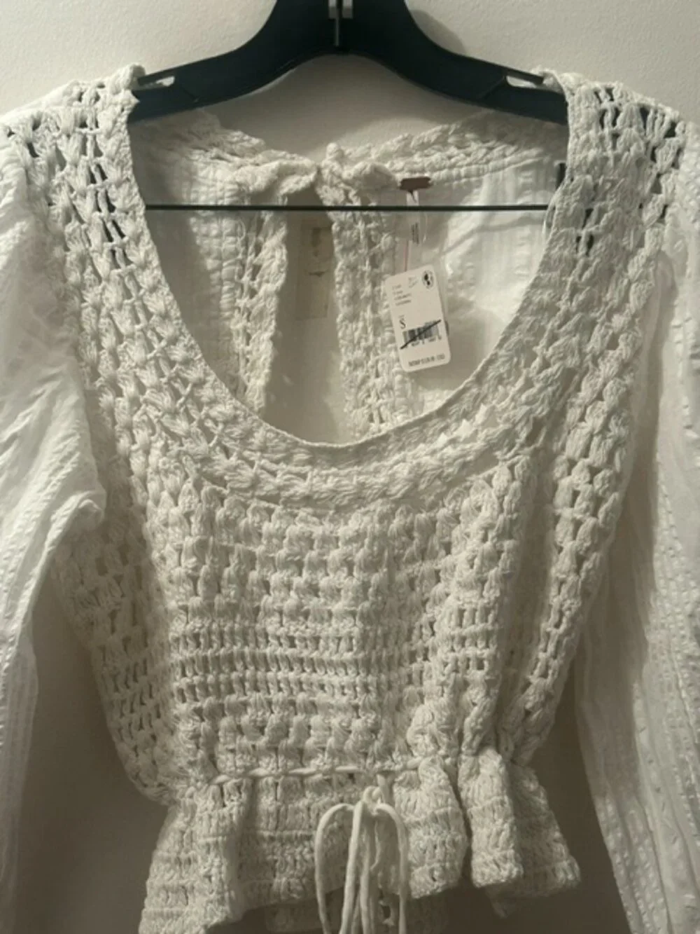 Free People Megan Crochet Ivory Scoop Neck Ruffle Hem Tie Keyhole Back Top NWT